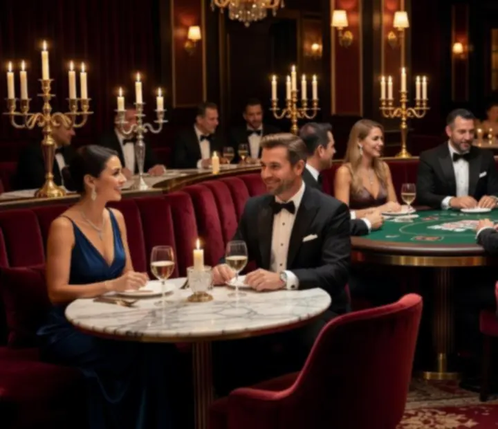 Atmosférický kasinový večer v restauraci Vecer Niklub s elegantně oblečenými hosty u stolů.