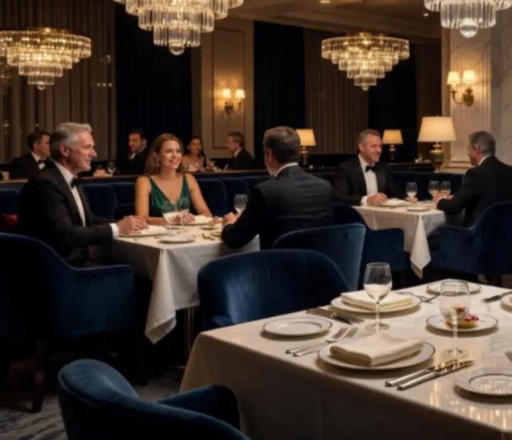 Atmosférický interiér restaurace Vecer Niklub v teplém světle svíček a krystalových lustrů.