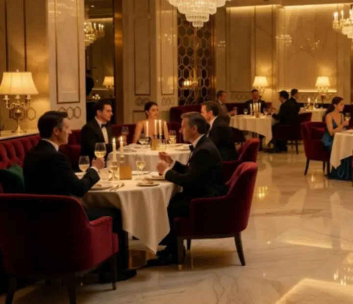 Cinematický večerní interiér restaurace Vecer Niklub s jemným osvětlením a elegantními stoly
