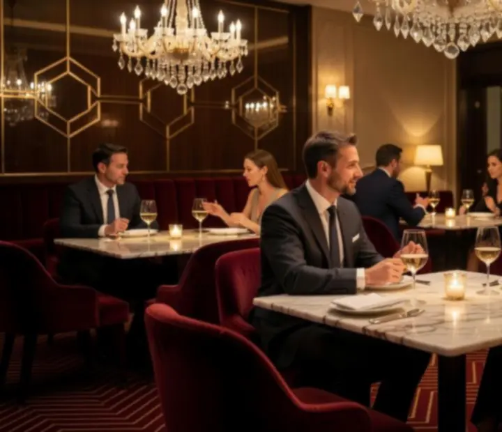 Luxusní interiér restaurace Vecer Niklub s večerním osvětlením