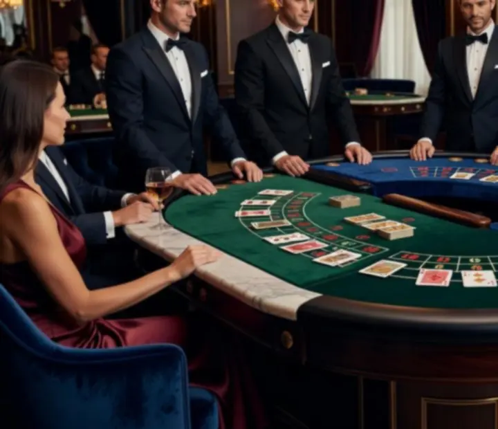 Ruletový a blackjack stůl v elegantním salonku s krupiéry a tlumeným světlem