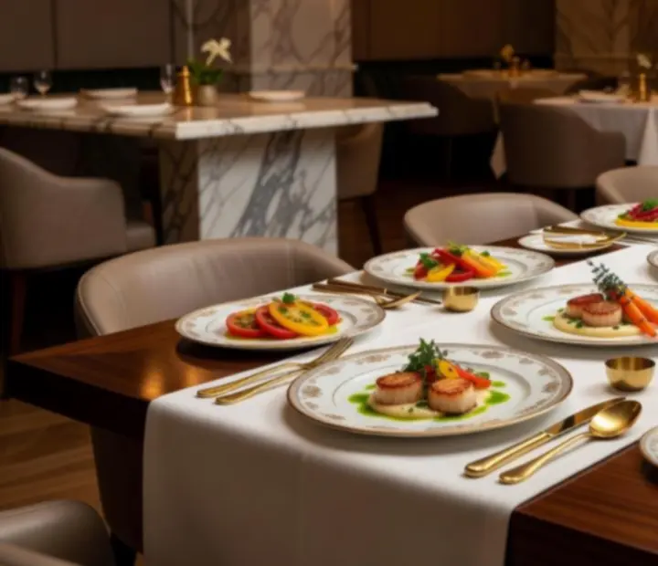 Sezónní degustační menu naaranžované na mramorovém stole s vínem