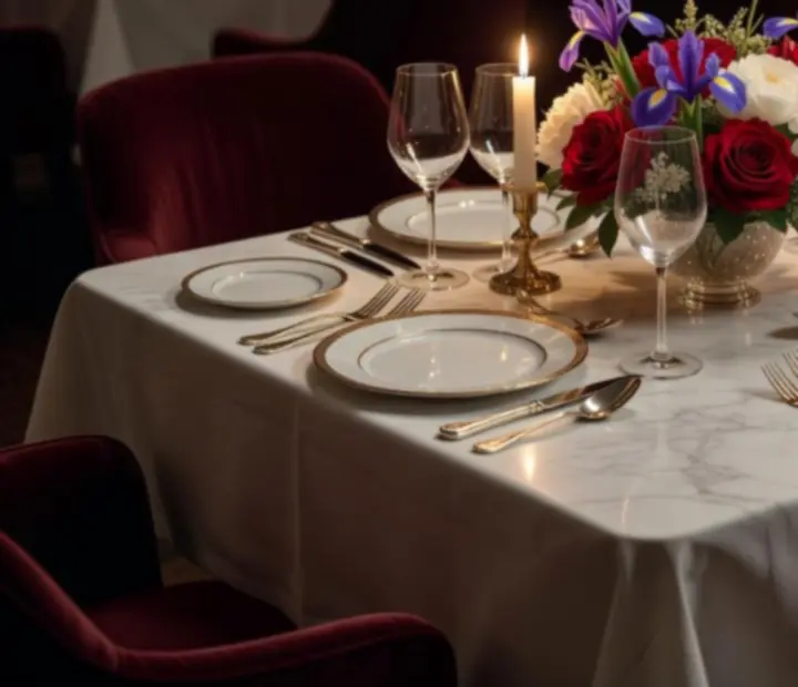 Stylově prostřený stůl ve večerním osvětlení v restauraci Vecer Niklub